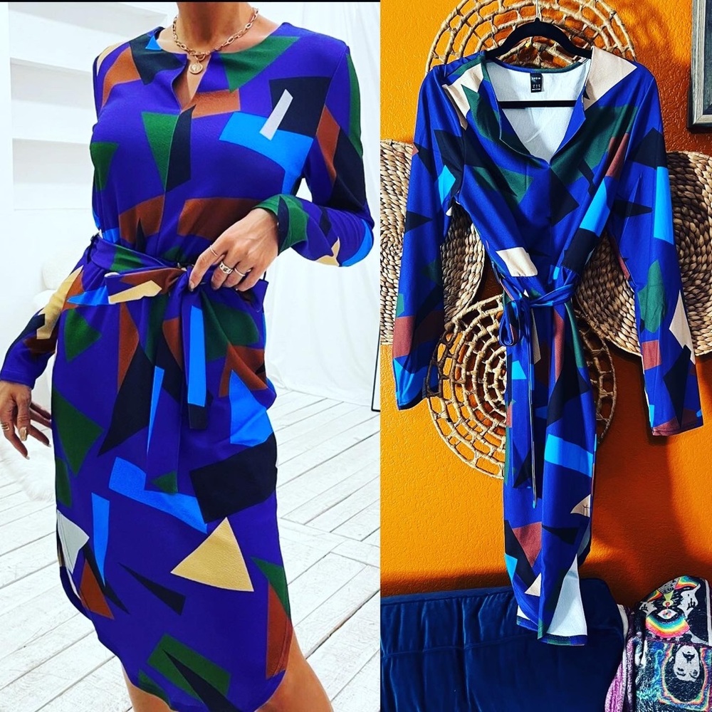 💙 NWT BOUTIQUE STYLE RETRO 1970-1989’s STYLE TIE BELTED GEO DRESS XL